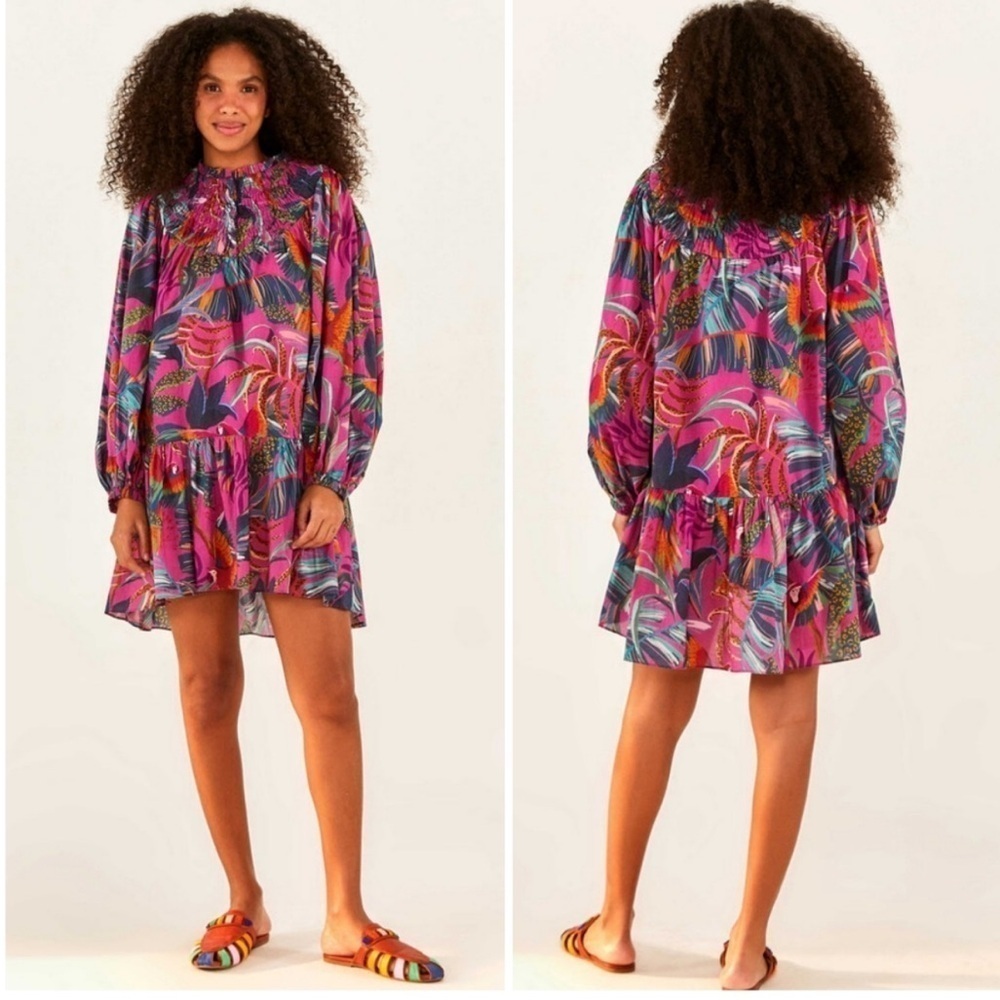 ▶️ Farm Rio ◀️ Tropical Rainbows Macaws Puff Sleeve Mini Dress 🦜 - Picture 3 of 16